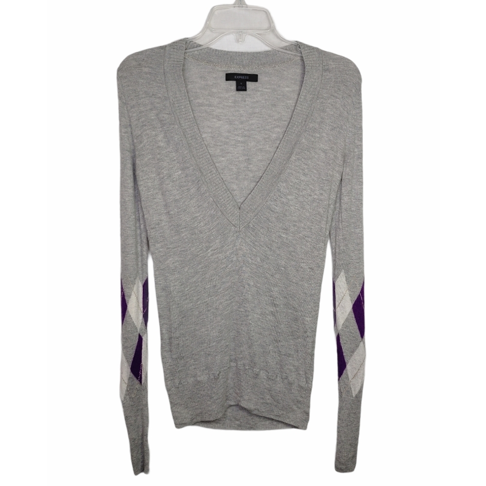 Express Gray Deep V-Neck Lightweight Sweater Sz S - image 1